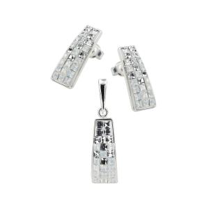Сребърен комплект медальон и обеци с кристали от Sw® SKM372 White Opal and Crystal квадрати